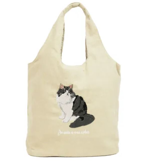 日本燈芯絨貓刺繡手提袋